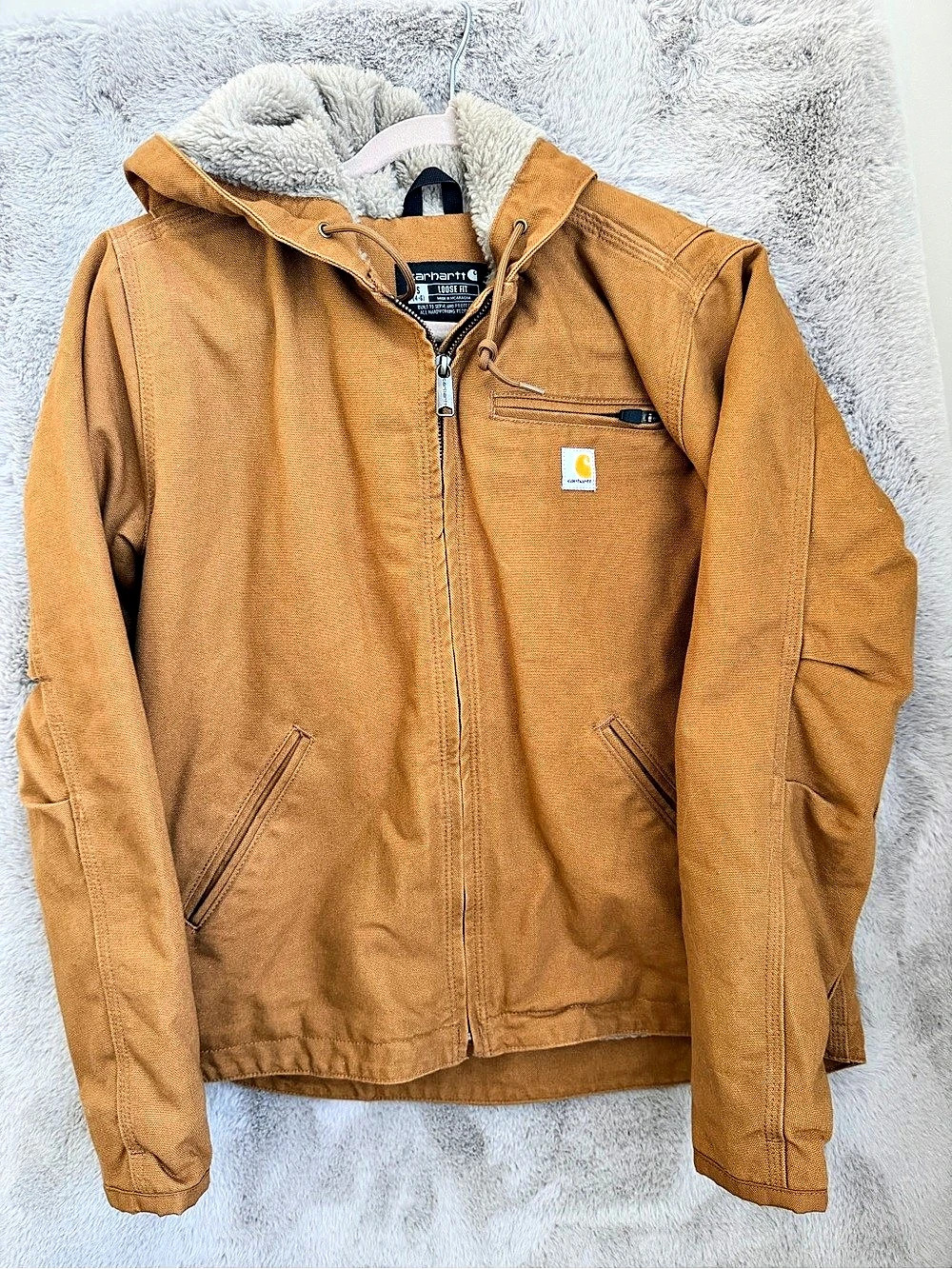 Carhartt Women’s S Brown Sherpa Lined Canvas Hooded Jacket Loose Fit